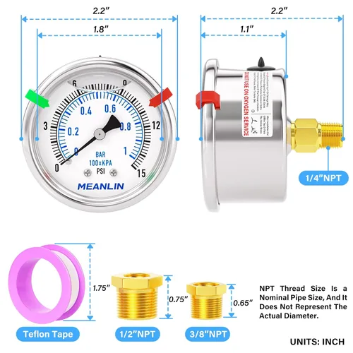Miniatura 2 de MEANLIN MEASURE Medidor de presión de acero inoxidable con relleno de líquido bajo de 0 ~ 15 psi, esfera de cara NPT de 2 pulgadas para agua