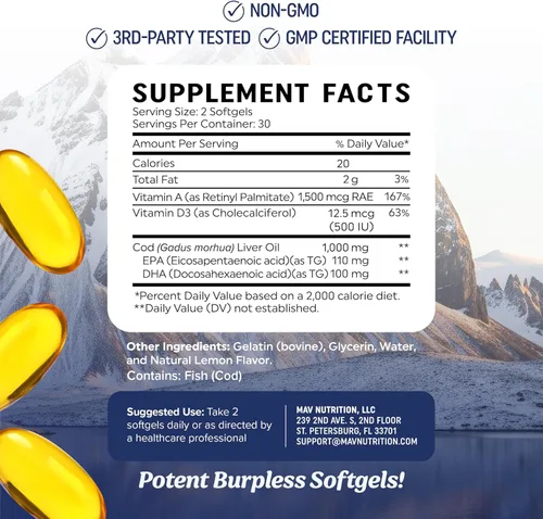Miniatura 4 de Cápsulas blandas de aceite de hígado de bacalao de 1000 mg Omega 3 + vitamina A y D3 Aceite de hígado de bacalao capturado en la naturaleza