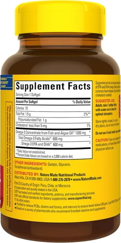 Miniatura 8 de Nature Made - Suplementos de Aceite de Pescado Omega 3 y Aceite de Algas, 1200 mg, Suplemento de Omega 3 para el Corazón, el Cerebro y los Ojos, Uno