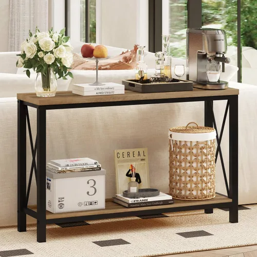 Miniatura 14 de BON AUGURE - Mesa de consola rústica detrás del sofá, mesa industrial de entrada con estantes, mesas de sofá de 3 niveles estilo granja para sala