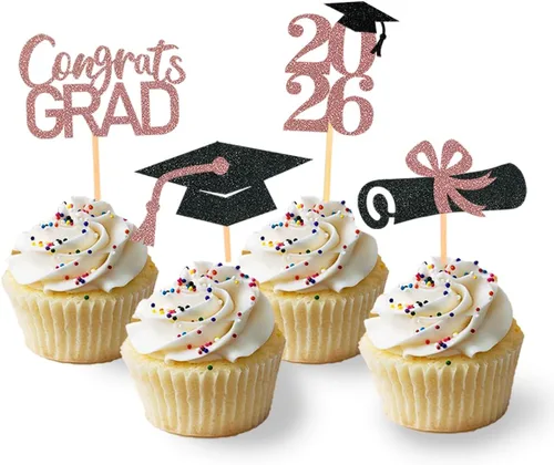 Miniatura 17 de 24 adornos de graduación para cupcakes, decoraciones de graduación negras y azules para la clase de 2026 (negro y azul)