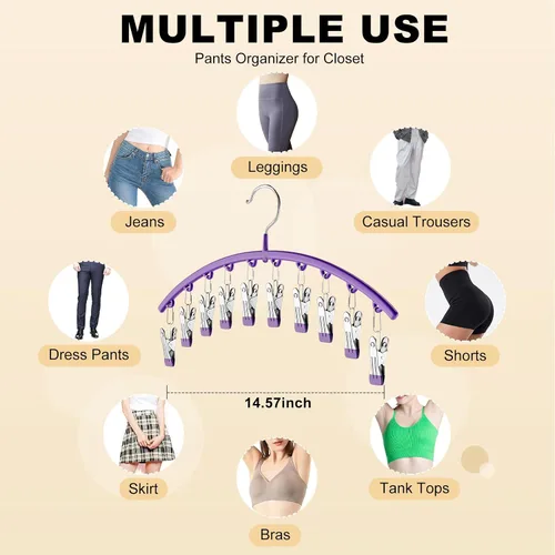 Miniatura 3 de Organizador de leggings para armario, colgador de metal para pantalones de yoga con revestimiento de goma, paquete de 2 con 10 clips para 20 Morado