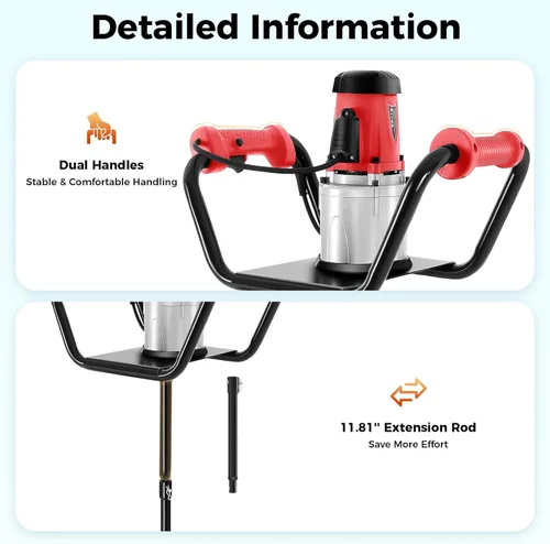 Miniatura 7 de Excavadora eléctrica de agujeros para postes de 1500 W con broca de taladro de 6 pulgadas, taladro de tierra de 1.6 HP para postes de valla