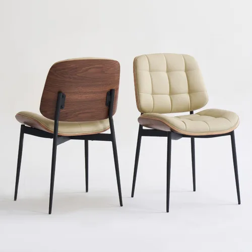 GrandNoor Sillas de Comedor Modernas de Mediados de Siglo con Respaldo de Veta de Nogal, Sillas de Comedor de Cuero Sintético Beige Juego de 2,