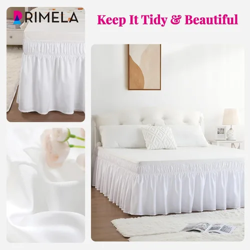 Miniatura 4 de Falda de cama RIMELA envoltura volante elástica que protege contra el polvo con color sólido, resistente a las arrugas y a la decoloración con Blanco