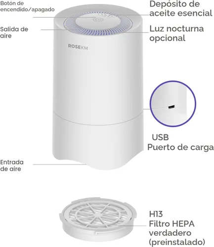 Miniatura 7 de Rosekm Purificador de aire pequeño para el dormitorio del hogar, mini purificador de aire de escritorio personal, purificador de aire HEPA