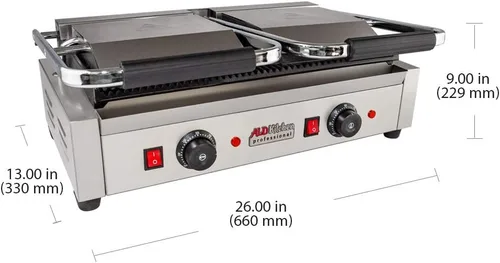 Miniatura 6 de ALDKitchen Prensa doble Panini Máquina para hacer sándwiches Placas acanaladas de hierro fundido Control ajustable Antiadherente 110 V