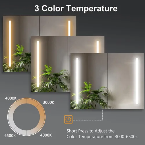 Miniatura 6 de Botiquín de baño de 40 x 30 pulgadas con espejo LED, armario de baño regulable de 3 colores montado en la pared con estantes de almacenamiento de 3