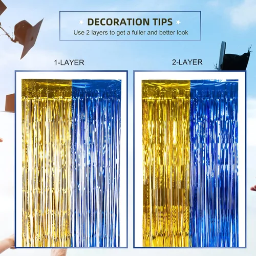 Miniatura 8 de LOLStar Paquete de 2 decoraciones de fiesta de graduación azul y dorado 2025, cortinas de flecos de aluminio de 3.3 x 6.6 pies, telón de fondo