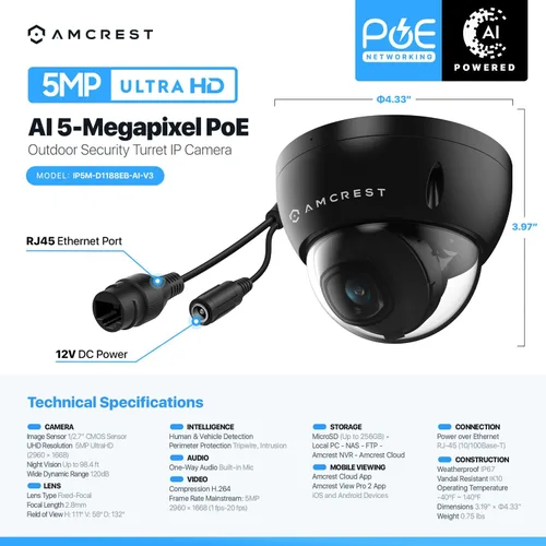Miniatura 7 de Amcrest Cámara POE de 5 MP, Cámara de seguridad IP POE para exteriores, domo antivandálico, 5 megapíxeles, visión nocturna de 98 pies, lente