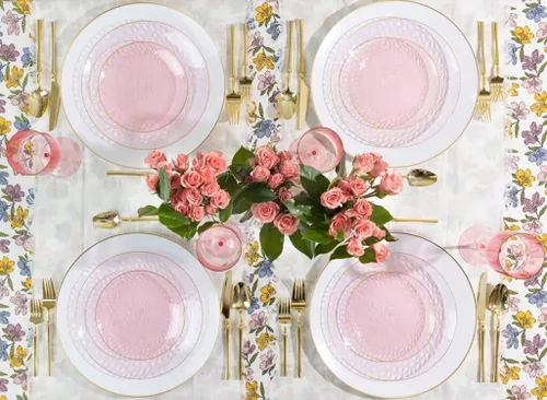Miniatura 4 de EcoQuality Platos de plástico rosa translúcido martillado de 13 pulgadas con borde dorado – Platos de fiesta similares a China, platos de ensalada