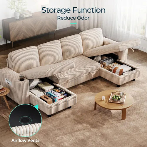 Miniatura 6 de LINSY HOME - Sofá cama seccional con sofá cama extraíble, sofá de corduroy mullido convertible en forma de nube con chaise longue de almacenamiento