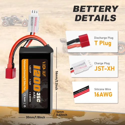 Miniatura 3 de Batería Lipo de 7.4V 1200mAh 2S 35C Batería recargable de alta tasa de descarga con enchufe T estilo Dean apto para WLtoys A949 A959 A969 A979 K929