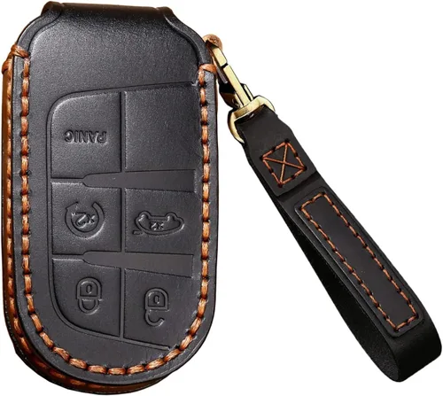 SANRILY Funda de cuero para llavero de 5 botones para Jeep Grand Cherokee Dodge Challenger Charger Durango Journey Chrysler 300 200 llavero remoto