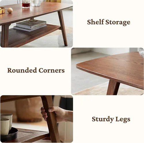 Miniatura 5 de Mesa auxiliar 100% de madera maciza con estante de almacenamiento, mesa central de madera de 2 niveles para sala de estar, mesa rectangular rústica