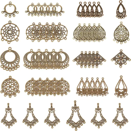Miniatura 16 de SUNNYCLUE 1 caja de 64 piezas surtidas de lámparas de araña, estilo tibetano, bronce antiguo, atrapasueños, aretes, hallazgos, bucles, conectores
