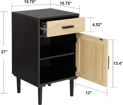 Miniatura 3 de Finnhomy Juego de 2 mesitas de noche altas, mesita de noche, juego de 2 con cajón y estante, puertas decoradas a mano, mesitas de noche con Negro