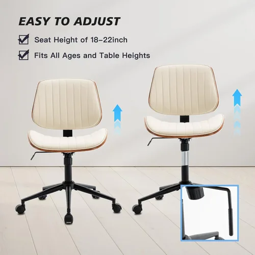 Miniatura 6 de Silla de escritorio sin brazos con ruedas giratorias de 360°, silla de computadora ergonómica de altura ajustable para oficina en casa, piel Beige