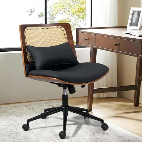 Miniatura 11 de Silla de Oficina para Hogar con Respaldo y Ruedas, Silla Giratoria Ejecutiva Moderna de Nogal, Silla de Tocador de Piel Sintética con Soporte Negro