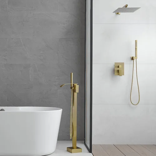 Miniatura 6 de RUMOSE Llenador de Bañera Independiente Grifo de Bañera Dorado Cepillado Montaje en Piso Grifo de Bañera Cascada Llenador de Bañera