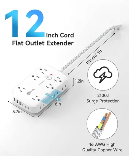 Miniatura 4 de Extensor de enchufe plano con cable de 12 pulgadas, protector contra sobretensiones, adaptador divisor de enchufe de extensión de enchufe plano, 12