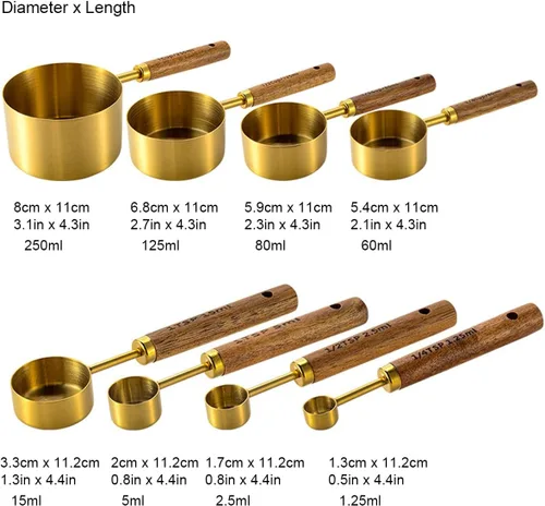 Miniatura 4 de JASHII Juego de 8 tazas y cucharas medidoras doradas con mango de madera de acacia, herramientas de cocina de acero inoxidable para cocinar hornear