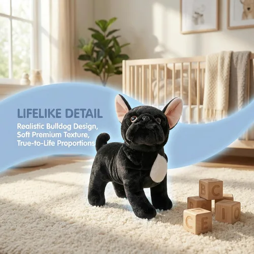 Miniatura 4 de Juguete de peluche de bulldog negro, realista de 13 pulgadas, animal de peluche de perro Bulldog negro, lindo juguete de peluche para cachorros