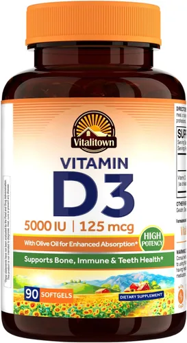 Vitalitown Vitamina D3 125 mcg (5000 UI) de alta potencia para apoyo a la salud ósea, dientes, corazón e inmunológico, a base de aceite de oliva,