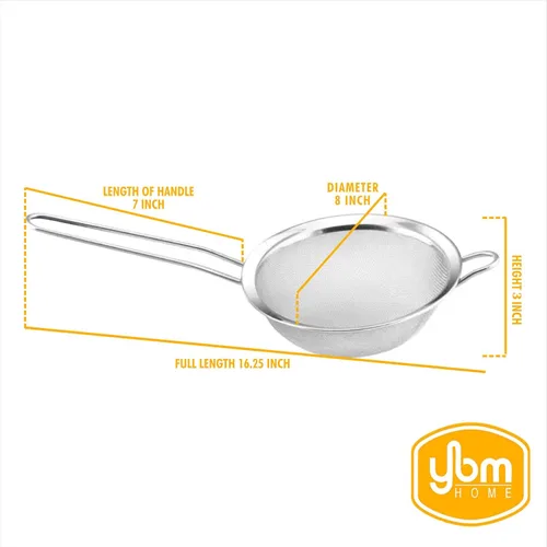 Miniatura 4 de YBM HOME Colador de malla fina de acero inoxidable con mango para enjuagar granos, frijoles, arroz, etc. 8 pulgadas 2285, plata