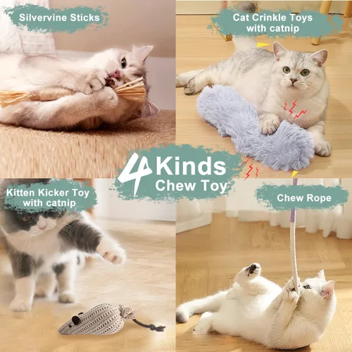 Miniatura 3 de Juguetes para gatitos 7 en 1 para gatos de interior con ventosa adhesiva lavable, juguetes interactivos para gatos, palo de vid plateada y cuerda