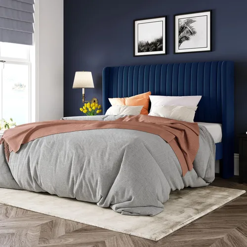 Miniatura 15 de Allewie - Base de cama tamaño King con cabecera acolchada en terciopelo y diseño acanalado vertical; plataforma de cama tapizada; listones de madera