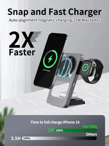 Miniatura 3 de Estación de carga inalámbrica plegable 3 en 1 para iPhone, Apple Watch, AirPods, marco de aleación de aluminio, carga rápida de 15 W, soporte Gris
