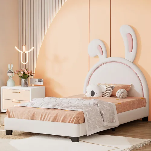 Miniatura 10 de Bonita cama tapizada de cuero con adorno de conejo, cama de plataforma de tamaño individual con cabecero y listones de madera, adecuada para niños