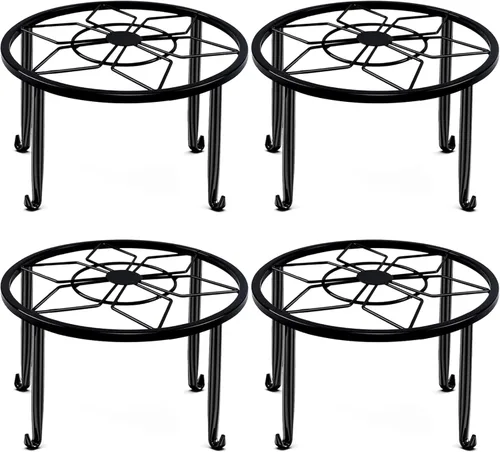 Paquete de 4 soportes de metal negro para macetas de piso para plantas de interior y exterior de 23 cm, soporte para macetas de flores resistente,