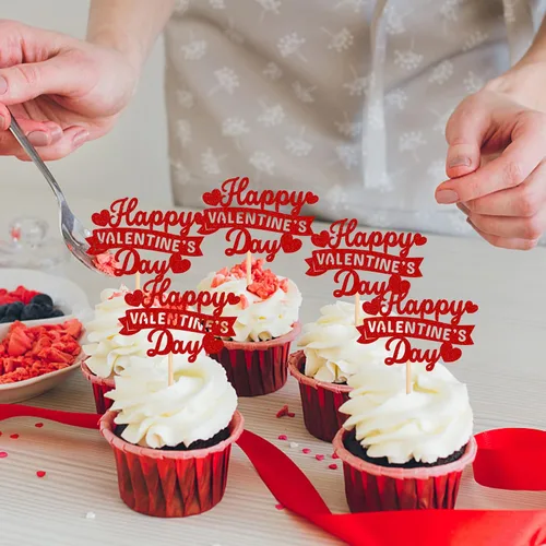 Miniatura 7 de Rsstarxi Paquete de 24 adornos para cupcakes para el día de San Valentín, con purpurina roja, dulce amor, para cupcakes, decoración de San Valentín