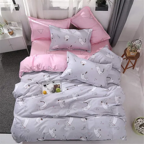 Miniatura 4 de Omelas - Juego de funda de edredón gris para niñas, tamaño Queen, Matrimonial, con encantadores gatos que juegan con geometría rosa, funda