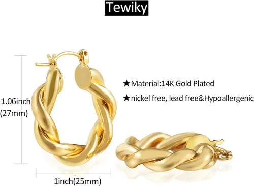 Miniatura 93 de Aretes de aro gruesos de oro para mujer, chapados en oro de 14 quilates, aretes de aro triple, hipoalergénicos, a la moda, aretes de aro gruesos