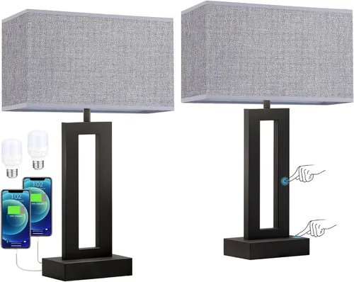 Miniatura 7 de Seealle Juego de 2 Lámparas de Mesa de Noche para Dormitorios - Lámpara de Cabecera Táctil con USB C+A, Regulable de 3 Niveles para Mesas Auxiliares