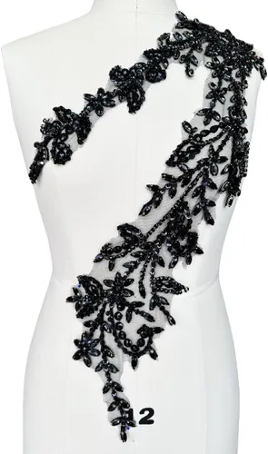 Parches de lentejuelas brillantes de acrílico hechos a mano en encaje, con cuentas y piedras, para coser, accesorios para vestido de novia (negro)