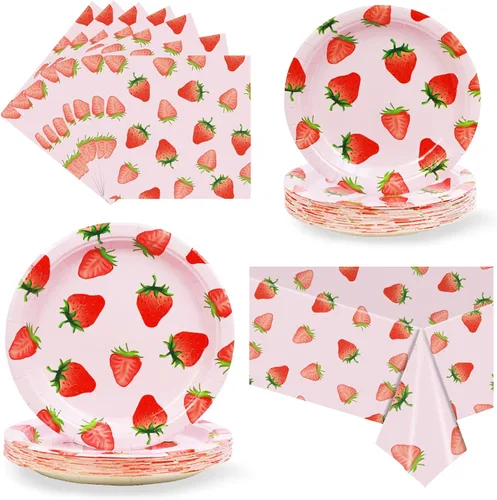 Juego de vajilla de fiesta de fresa, decoración de cumpleaños de fresa, suministros de fiesta de frutas de verano, platos de papel, servilletas,
