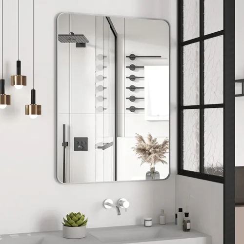 Miniatura 13 de Manocorro - Espejo de baño de esquina redonda, 20 x 28 pulgadas, color plateado Lightweight,wall mounted,HD tempered glass,sturdy aluminum