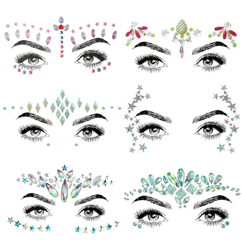 Adhesivos de gemas para la cara de sirena con purpurina, diamantes de imitación para festival, joyas, cristales para la cara, ojos y cuerpo, 6