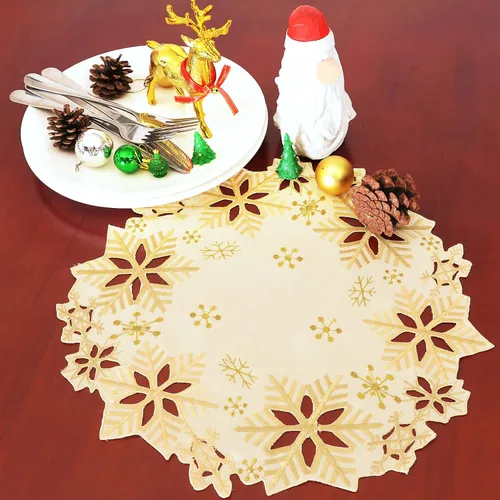 Miniatura 3 de Juego de 4 manteles redondos bordados con copos de nieve, manteles individuales redondos de 15 pulgadas para Navidad e invierno, centros de mesa