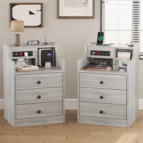Miniatura 8 de ADORNEVE - Mesita de noche con estación de carga, mesita negra para dormitorio, mesa auxiliar con aparador y cajones de almacenamiento