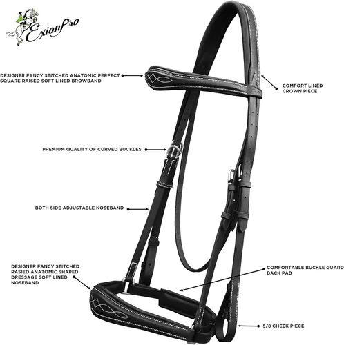 Miniatura 4 de Exion Dressage Brid: forro suave, forma anatómica y costuras de diseñador en banda de cejas y banda nasal viene con riendas de tela equipadas con un