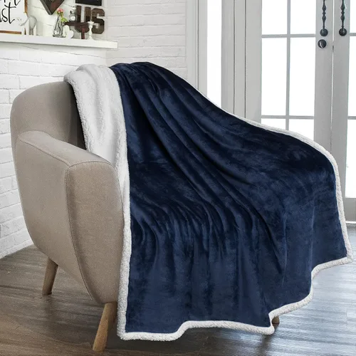 PAVILIA Manta Throw de Vellón Sherpa para Sofá, Tamaño Twin, Azul Marino, Manta de Felpa Suave y Esponjosa para Sofá, Manta de Invierno Reversible y
