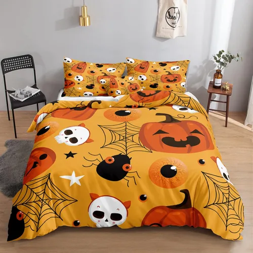 Miniatura 30 de Juego de funda de edredón de calabaza para Halloween, divertido diseño de calabaza malvada, color negro, juego de ropa de cama Tiwn 1 funda