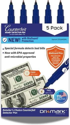 Miniatura 10 de Dri Mark CFD5PK - Marcador detector de billetes falsificados, fabricado en los Estados Unidos, 3 veces más tinta, tamaño de bolsillo, verificador