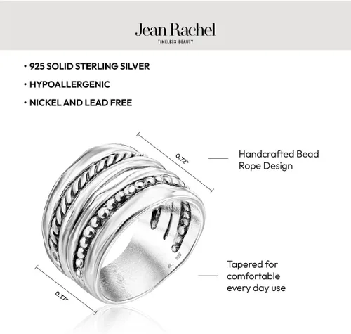 Miniatura 6 de JEAN RACHEL JEWELRY Anillo de plata de ley 925 Cuerda ancha de múltiples hebras y cuentas de diseño vintage, hipoalergénico, sin plomo ni níquel