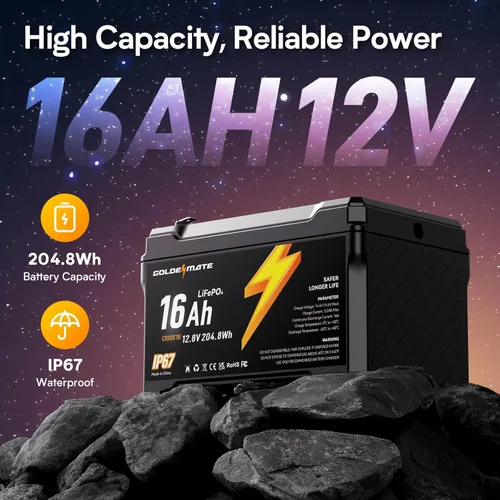 Miniatura 2 de GOLDENMATE Batería LiFePO4 de 12 V 16 Ah, impermeable IP67, batería de litio de 12 V con más de 5000 ciclos profundos, BMS integrado, celda